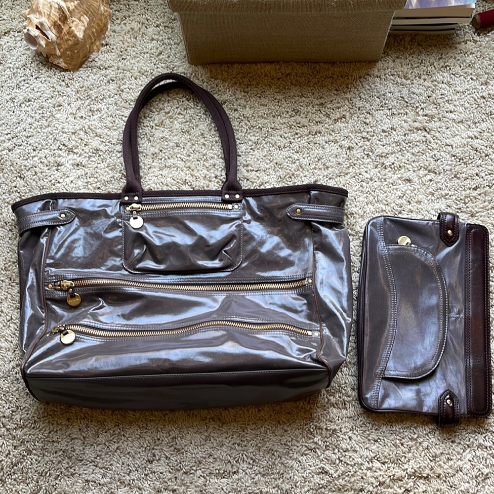 Martin + OSA tote and clutch. Taupe with gold accents. Easy to clean exterior.